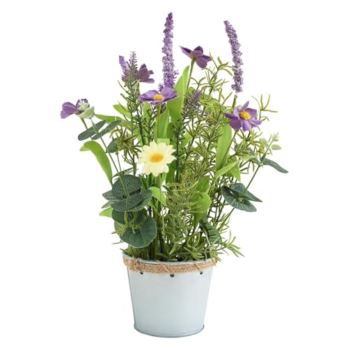 Hometrance Artificial Flowers Potted, 12.2'’ Flower Arrangement w/Daisy & Lavender in Metal Pot, Fake Plants for Home Wedd...