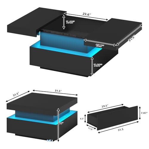 31.5" Square Coffee Table with Sliding Top and Charging Station, Black Coffee Tables with LED Lights and Storage Drawer fo...
