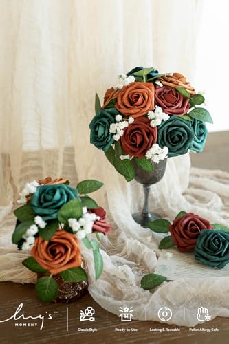 Ling's moment Artificial Flowers, 25Pcs 3" Roses in Teal Shades, Realistic DIY Foam Floral Decor for Wedding Bouquets/Cent...