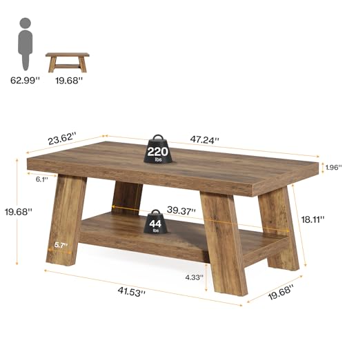 Tribesigns Farmhouse Coffee Table, 47.24" Rectangle Coffee Tables for Living Room, 2-Tier Center Tables with Storage Shelv...