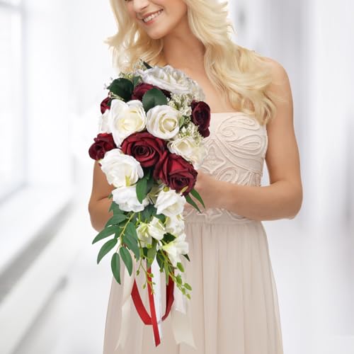 ChezMax Wedding Bridal Bouquet, Bride Artificial Rose Flowers with Ribbons, Bridesmaid Fake Flower Bunch 11.8 Inch, Tossin...