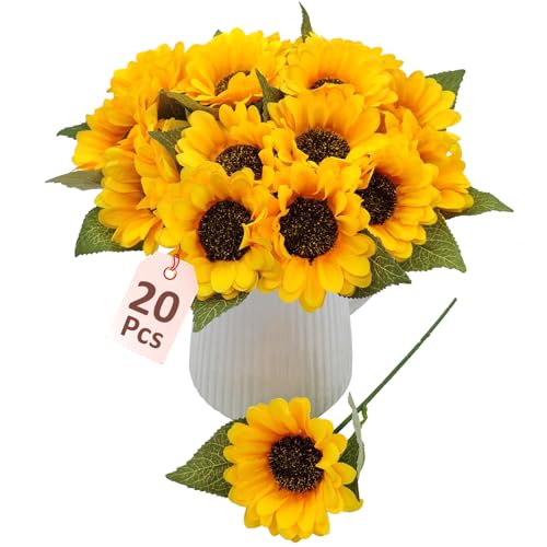 FOUSUKA 20 PCS Fake Silk Sunflowers Artificial Flower with Stems for Home Wedding Party Centerpieces Decoration Bridal Bou...