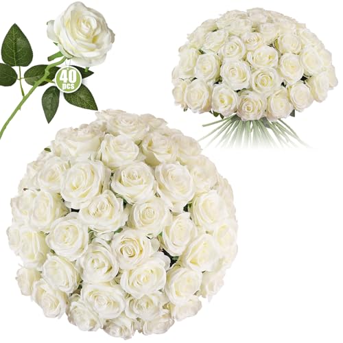 Luyue 40PCS White Roses Artificial Flowers - Long Stem Fake Roses Bouquet Silk White Flowers Artificial Rose for Wedding C...
