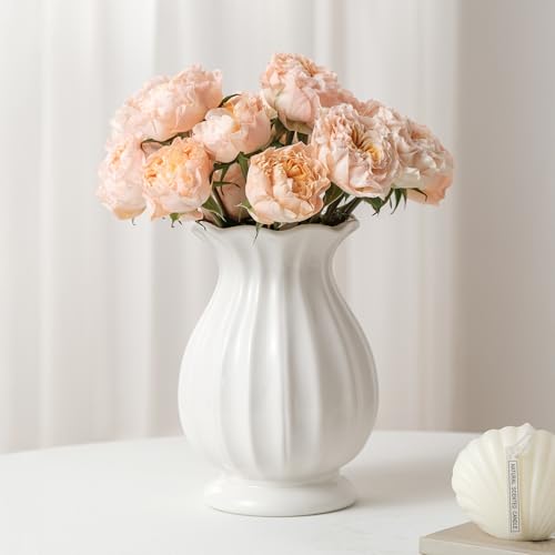 SEUYUCL White Ceramic Vase, 7.6 Inch Flower Vase Home Decor Modern Decorative Vases for Bouquet, Unique Vases for Farmhous...