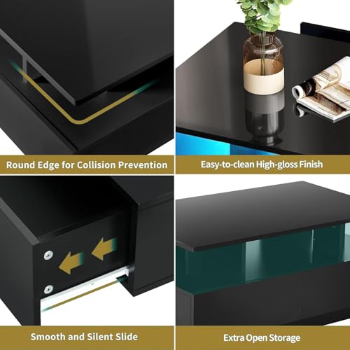 DWVO LED Coffee Table with Storage 4 Drawers, Modern High Glossy Coffee Tables for Living Room, Black Rectangle Coffee Tab...