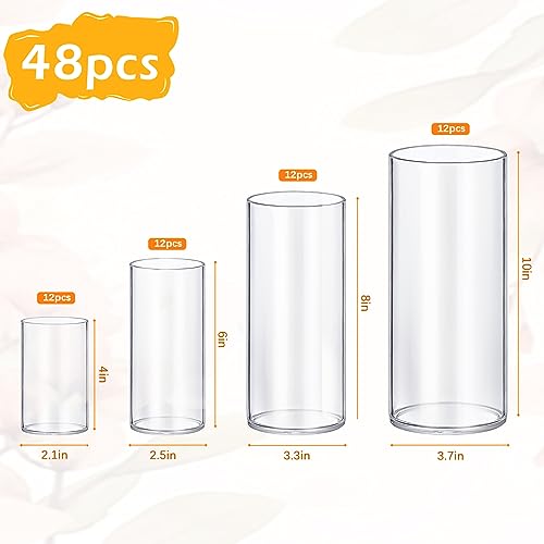 4 Pack Glass Cylinder Vases 4,6,8,10 Inch Tall Clear Flower Vase Hurricane Floating Candle Holder for Table Centerpiece We...