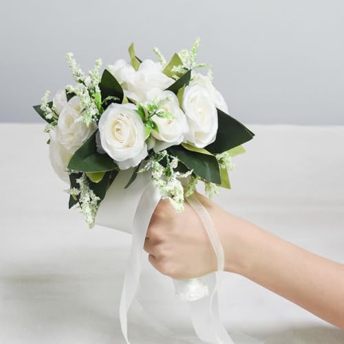 Wedding Bouquets for Bride Bridesmaid Bouquet Ivory Bridal Bouquet Artificial Roses for Wedding Church Home Decoration (Iv...