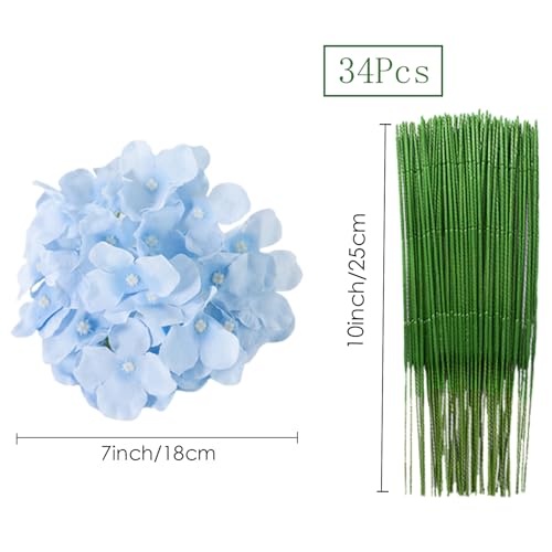 HinyoCo 34 Pcs Silk Hydrangea Flowers Artificial Flowers 7 Inch Hydrangea Head with Stem, Used for Home Wedding Party Deco...