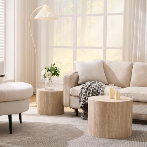 Ya-Home Round Coffee Tables Set of 2, Wood Nesting End Table Side Table for Living Room Balcony Office, No Assembling