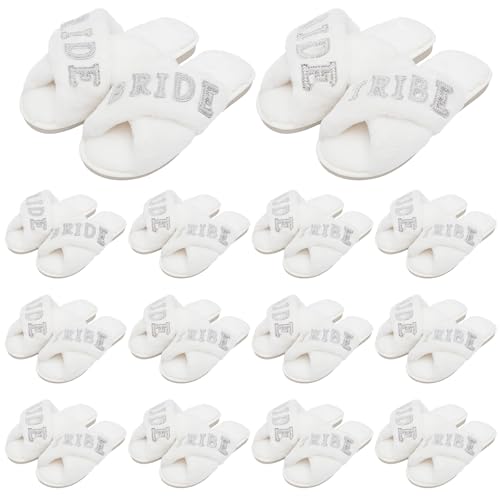 Ramede 12 Pairs Women's Fuzzy Slippers Bulk Wedding Bridesmaid Slippers Cross Band Open Toe Bride Shoes for Bridal Bachelo...