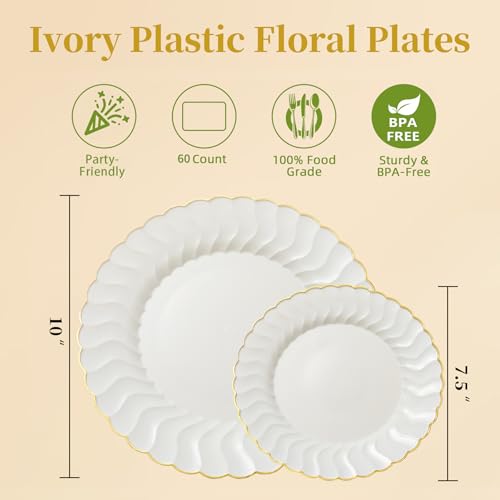 Lullaby 60PCS Ivory Scalloped Plastic Plates with Gold Rim, Disposable Elegant Plates Include 30pcs Dinner Plate 10.25", 3...
