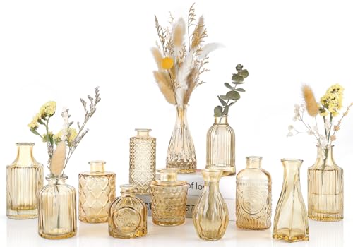 UPBUD Amber Glass Bud Vases Set of 12, Gold Mini Flower Vase for Centerpieces, Small Vases in Bulk for Wedding Decoration...