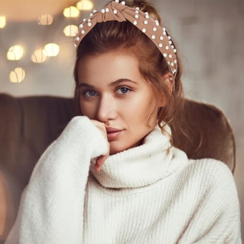 Jaciya Headbands for Women 4 Pack Pearl Headbands for Girls Knotted Headband for Women Top Knot Turban Hair Accessories