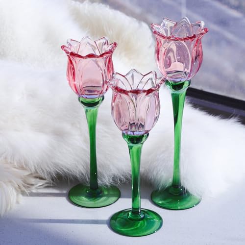 VOHO Pink Tulips Candle Holder, Romantic Pink Flower Votive Candle Holders for Wedding Bridal Shower Decorations, Tall Tea...