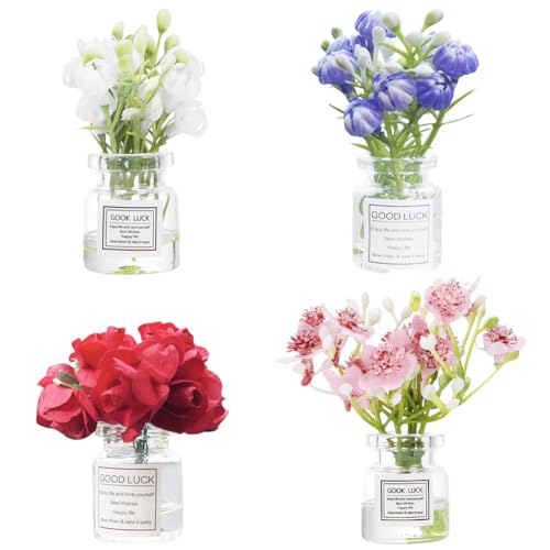 Set of 4 Cute Mini Rose Flower Vase Car Dashboard Decorations Self-Adhesive Mini Vase with Artificial Flowers Ornaments Ca...