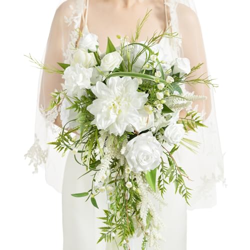 Ling's moment White Green Bridal Bouquet for Bride, White Green Wedding Bouquets for Bride, 13 Inch Bride Bouquets for Wed...