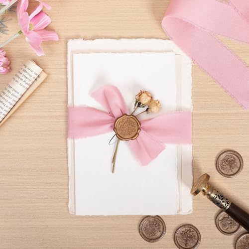 Keypan Pink Ribbon Set 1-1/2 Inch Handmade Cotton Frayed Fringe Fabric Ribbons for Baby Shower Crafts Flower Bouquets Wedd...