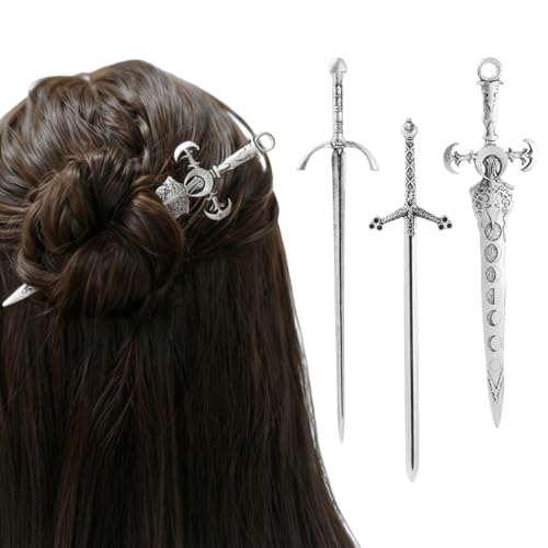 3-Piece Sword Hair Pin Set – Gothic and Viking Hair Accessories for Women, Medieval Hair Sticks & Renaissance Hair Jewelry