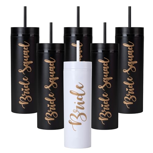 6 Pack Bride to Be Skinny Tumbler | 16 oz Bride Squad Tumblers | Bachelorette Party Cups | Engagement Wedding Gifts Brides...