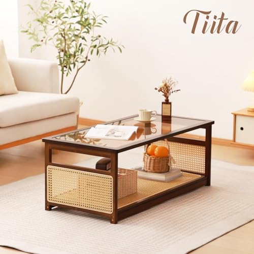 Tiita Coffee Tables for Living Room，Mid Century Modern Storage 2-Tier Coffee Tables，Rattan Glass RectangleTables，Suitable ...