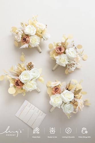 Ling's moment Artificial Bridesmaid Bouquets Set of 4,Boho Wedding Flower Bouquets White Beige Floral Bouquet Ivory Brides...