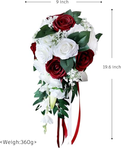 ChezMax Wedding Bridal Bouquet, Bride Artificial Rose Flowers with Ribbons, Bridesmaid Fake Flower Bunch 11.8 Inch, Tossin...