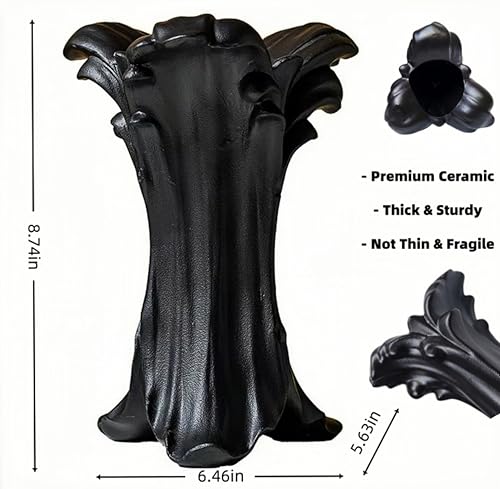 ZgdLScyF Vintage Gothic Ceramic Vase, 8.74×6.46×5.63inches, Matte Black Flower Vase for Red & Black Roses,Dark Academia Wi...