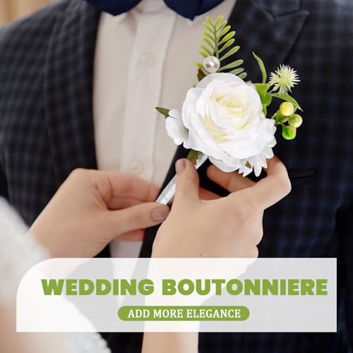Flasunire 6-Pack White Silk Rose Boutonniere with Pearls for Groom and Groomsmen, Realistic Artificial Flower Lapel Pin fo...