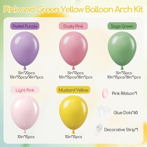 131pcs Wildflower Floral Balloon Arch Garland Kit with Purple Dusty Pink Sage Green Light Pink Mustard Yellow Latex Balloo...