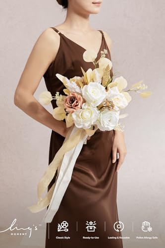 Ling's moment Artificial Bridesmaid Bouquets Set of 4,Boho Wedding Flower Bouquets White Beige Floral Bouquet Ivory Brides...