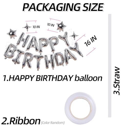 Silver Happy Birthday Banner Balloon Aluminum Foil 16 Inch Letter,10 Inch Five Pointed Star Four Pointed Star Suitable for...