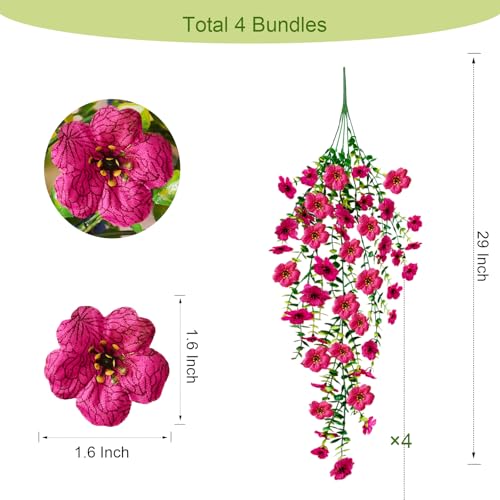 4 Pcs Fake Outdoor Artificial Flowers For Outdoors Uv Resistant, Plastic Flowers For Outdoors, Fake Hanging Plants Faux Fl...