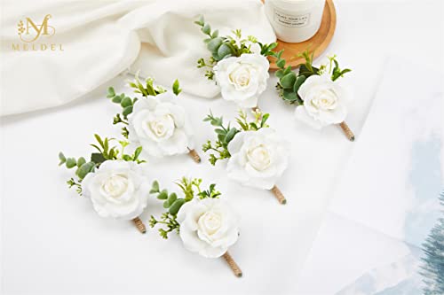 Meldel Ivory Rose Boutonniere for Men,Set of 6,Groom and Best Man Boutonnieres with Artificial Flower,for Wedding Ceremony...