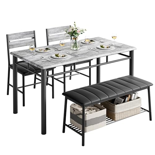 IRONCK Dining Table Set for 4, Kitchen Table with Upholstered Bench and 2 Chairs, Kitchen Table and Chairs Set for Small S...