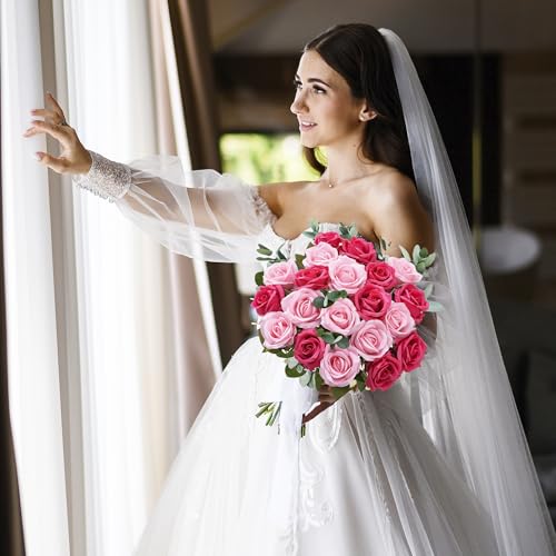 Pyopbow 20PCS Artificial Roses with Long Stems - Realistic Silk Flowers, Fake Roses Real Touch Bouquet Roses for Valentin...
