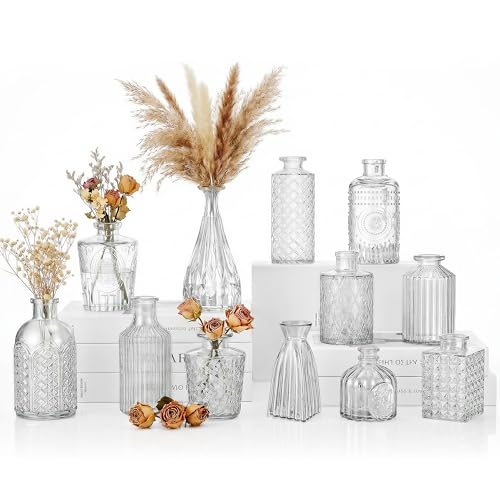 12 Pcs Clear Bud Vases Set, Small Vintage Glass Clear Bud Flower Vases Bulk Multiple Shape Cute Mini Glass Bottles Vases f...