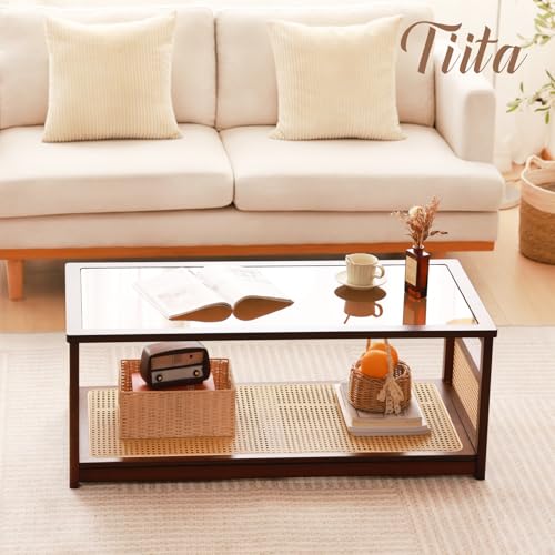 Tiita Coffee Tables for Living Room，Mid Century Modern Storage 2-Tier Coffee Tables，Rattan Glass RectangleTables，Suitable ...