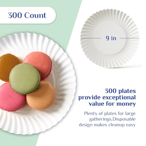 MUCHII 300 Count 9 Inch Paper Plates, Disposable Dinner Plates Bulk, White Plate Uncoated for Parties, Catering, Picnics, ...