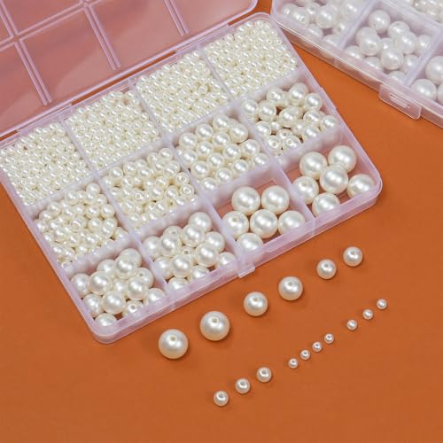 Hudinsun 1200 Pcs Pearl Beads for Jewelry Making, 5 Size Round Pearls for Bracelets Making Kit Small Pearl Filler Beads wi...