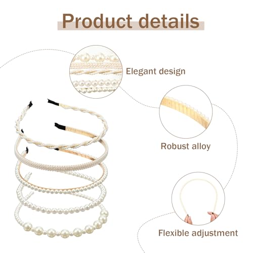 HaiFafafaing 5 Pcs Pearl Headband for Girls White Bridal Pearl Headbands With Pearls Hairbands Elegant Pearls Headpiece El...