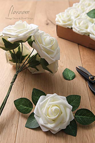 Floroom Artificial Flowers 25pcs Real Looking Ivory Foam Fake Roses with Stems for DIY Wedding Bouquets White Bridal Showe...