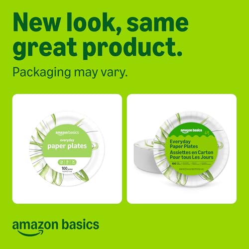 Amazon Basics Everyday Disposable Paper Plates, 8.62 Inch, Microwave-Safe, Cut Resistant, Soak-Proof, 100 Count, Packaging...