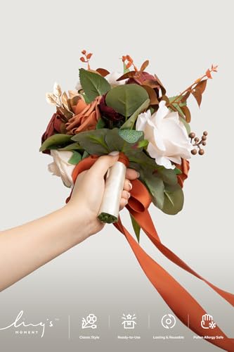 Ling's moment Terracotta Artificial Wedding Flower Bouquets for Bridesmaids Burnt Orange Floral Bouquet Rust Bridal Bouque...
