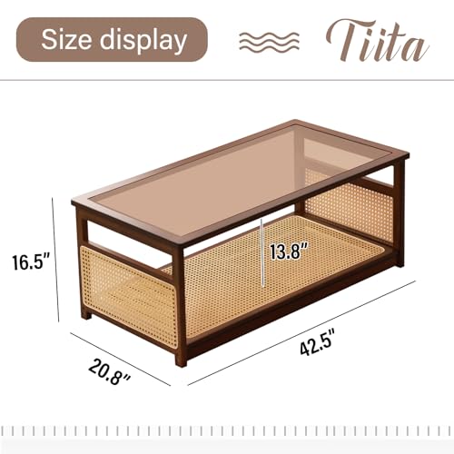 Tiita Coffee Tables for Living Room，Mid Century Modern Storage 2-Tier Coffee Tables，Rattan Glass RectangleTables，Suitable ...