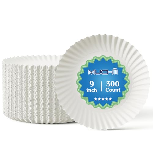 MUCHII 300 Count 9 Inch Paper Plates, Disposable Dinner Plates Bulk, White Plate Uncoated for Parties, Catering, Picnics, ...