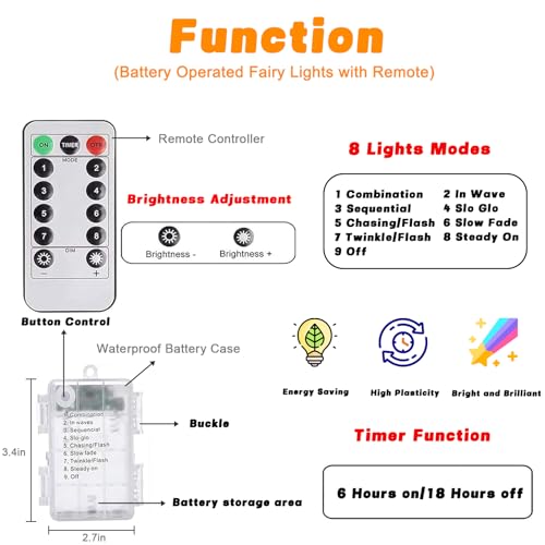 2 Pack 200LED Christmas Battery Operated Fairy Lights with Remote, 8 Modes String Lights with Timer, Dimmable, Memory Func...