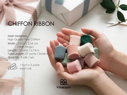 Vitalizart 1" x 27 Yd Chiffon Silk Ribbon Mixed Color Ribbons Set 3 Yd x 9 Rolls Fringe Fabric for Wedding Invitations Bri...