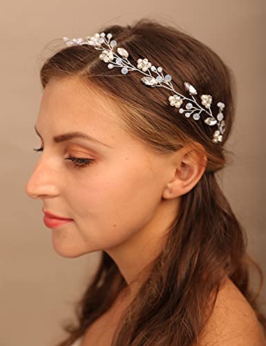 YERTTER Bridal Flower Pearl Headband Wedding Crystal Floral Headband Beads Opal Hair Band Crystal Vine Rhinestone Headband...