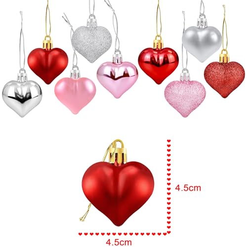 36Pcs Valentines Heart Shaped Ornaments - Valentines Heart Decorations - Red Pink Silver Glitter Heart Shaped Baubles - Ro...