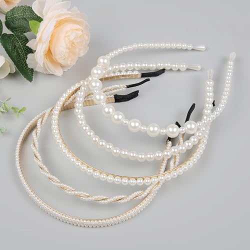 WOVOWOVO 5 Pcs Pearl Headbands for Women Non Slip White Pearl Hairbands Fashion Bridal Headband for Wedding Party Pearls H...